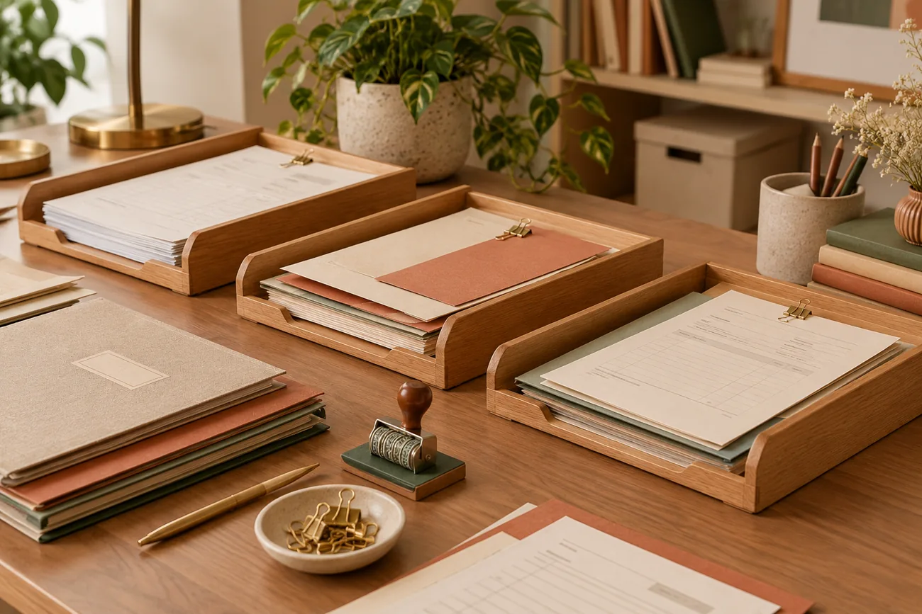 Ordered work orders and document trays on a natural worktable