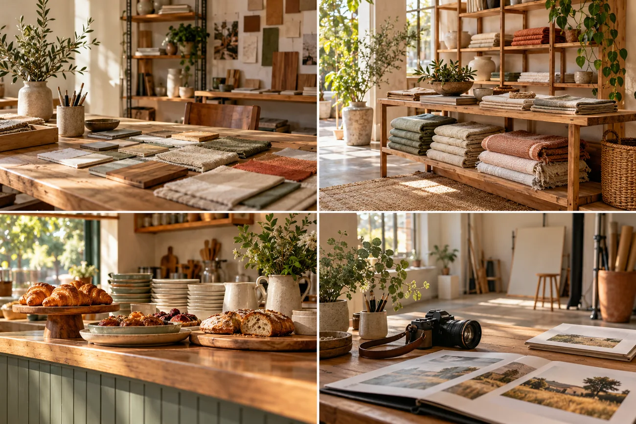 Four photographic scenes from an artisan studio, retail shop, cafe and photography studio